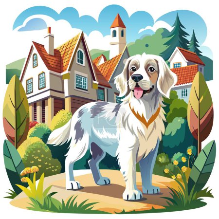 Clumber Spaniel Hund grimmig steht Dorf Vektor. KI generierte Image. Clipart-Karikatur deisgn icon