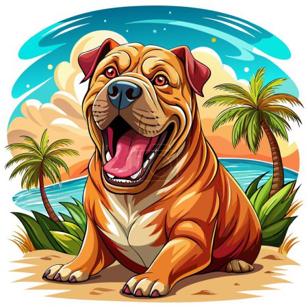 Dogue De Bordeaux dog excited laughs beach vector. AI generated image. Clipart cartoon deisgn icon