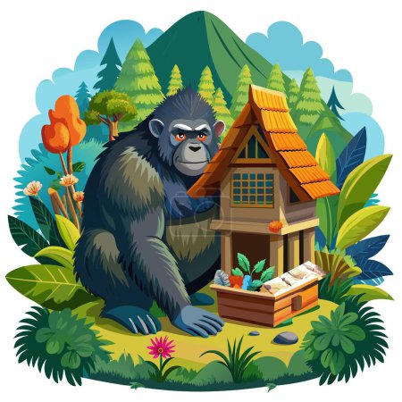 Eastern Lowland Gorilla caring runs house vector. AI generated image. Clipart cartoon deisgn icon