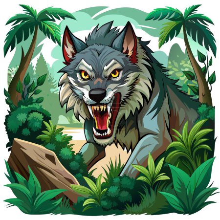 Lobo Eurasiático profanó el enojado vector de la selva. Imagen generada por IA. Clipart icono de dibujos animados deisgn