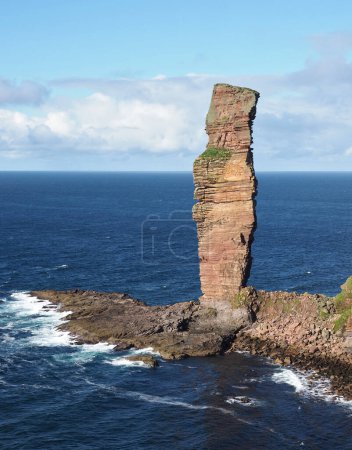 The Old Man of Hoy, a sea stack on Hoy, Orkney Islands. The Old Man of Hoy is a 449-foot (137-metre) sea stack on Hoy, part of the Orkney archipelago off the north coast of Scotland. It is one of the tallest stacks in the United Kingdom. 