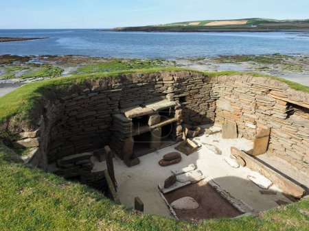Skara Brae Neolithic settlement. Bay of Skaill. Ornkey Islands. Scotland. Skara Brae is a stone-built Neolithic settlement, located in the Orkney archipelago. It is one of the best preserved groups of prehistoric houses in Europe.