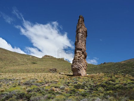 Piedra Clavada or Nailed Stone. A strange rock formation in Patagonia, southern Chile. 40 meters high in the Jeinimeni Lake National Reserve. Patagonia National Park