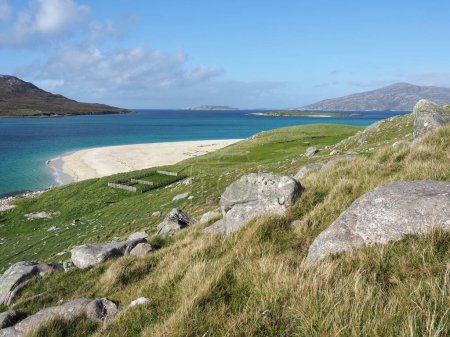 Photo for Hidden beach near Huisinish beach, west coast of Harris in the Outer Hebrides. Scotland. Nearby, and to the north, lies the uninhabited island of Scarp, the location of an experimental rocket postal service in the 1930s. - Royalty Free Image
