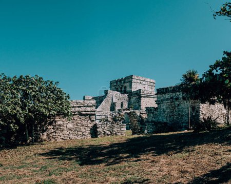 Téléchargez les photos : Ruines mayas antiques à Tulum, Mexique sous un ciel dégagé - en image libre de droit