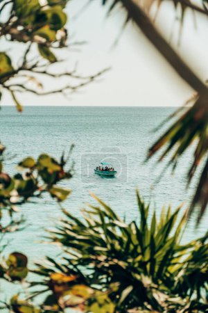 Boat on serene waters framed by lush foliage, Tulum
