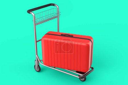 Photo for Regular polycarbonate suitcase on hotel trolley cart for carrying baggage on green background. 3d render travel concept of hotel service on vacation and luggage transportation - Royalty Free Image