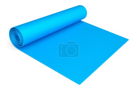 Blaue Yogamatte oder leichte Schaumstoffmatte, isoliert auf weißem Hintergrund. 3D-Rendering von Sportgeräten für Fitness, Yoga und aktives Training