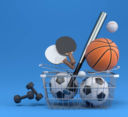 Téléchargez les photos : Ensemble d'équipements sportifs pour le basket-ball, le football américain, le ping-pong et le golf dans un panier sur fond bleu. 3d rendu d'accessoires de sport pour les jeux d'équipe - en image libre de droit