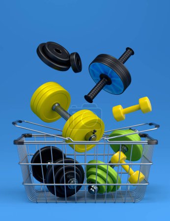 Photo for Sport equipment for fitness, gym, crossfit in shopping basket on blue background. 3d render of power lifting and fitness concept - Royalty Free Image
