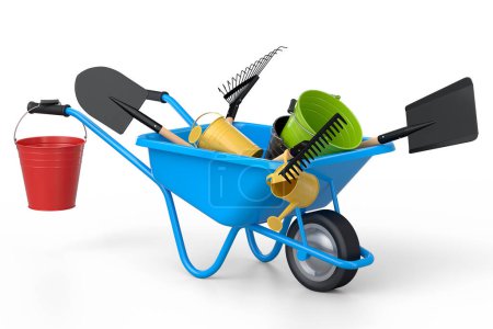 Téléchargez les photos : Garden wheelbarrow with garden tools like shovel, watering can and fork on white background. Handcart or cart with wheel. 3d render of farm gardening tool for carriage of cargoes. - en image libre de droit