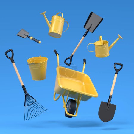 Garden wheelbarrow with garden tools like shovel, rake and fork on blue background. 3d render concept of horticulture and farming supplies