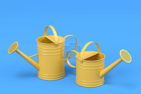 Photo for Set of watering cans on a blue background. 3d render concept of gardening equipment tools for farm and harvesting - Royalty Free Image