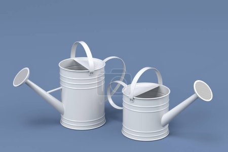 Photo for Set of watering cans on a grey background. 3d render concept of gardening equipment tools for farm and harvesting - Royalty Free Image