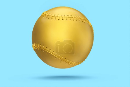 Foto de Softbol dorado o pelota de béisbol aislada sobre fondo azul. 3d representación de accesorios deportivos para juegos de equipo - Imagen libre de derechos