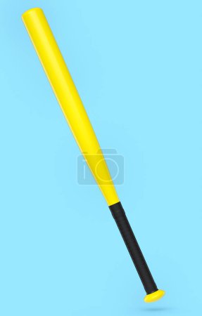 Foto de Softbol profesional de goma amarilla o bate de béisbol aislado sobre fondo azul. 3d representación de accesorios deportivos para juegos de equipo - Imagen libre de derechos