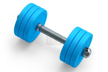 Photo for Metal dumbbell with blue disks isolated on white background. 3d rendering of sport equipment for fitness and powerlifting - Royalty Free Image
