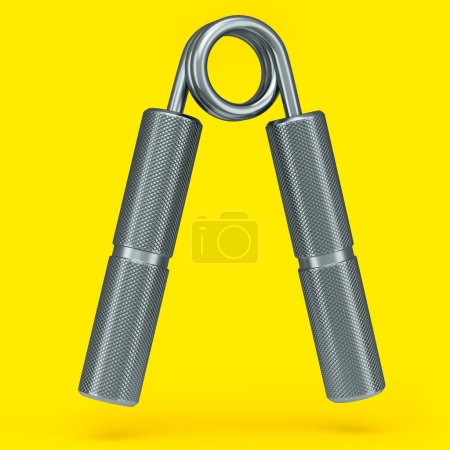 Photo for Iron hand expander or resistance band isolated on yellow background. 3d rendering of sport equipment for fitness, trx and powerlifting - Royalty Free Image