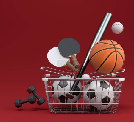 Téléchargez les photos : Ensemble d'équipements sportifs pour le basket-ball, le football américain, le ping-pong et le golf dans un panier sur fond rouge. 3d rendu d'accessoires de sport pour les jeux d'équipe - en image libre de droit