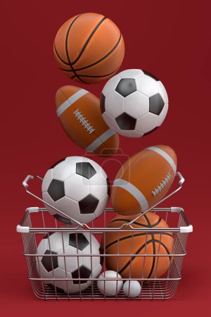 Téléchargez les photos : Ensemble de ballon comme le basket-ball, le football américain et le golf dans le panier sur fond rouge. 3d rendu d'accessoires de sport pour les jeux d'équipe - en image libre de droit