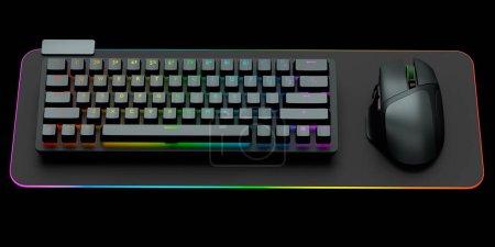 Computer keyboard and mouse on professional pad isolated on black background. 3D rendering of streaming gear and gamer workspace concept