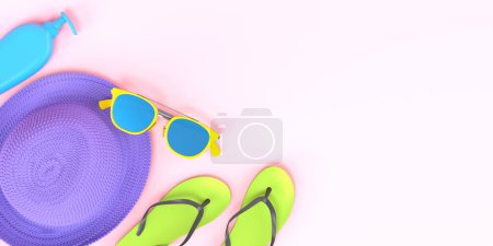 Foto de Colorful beach accessories on pink background. 3D render of summer vacation concept and holidays - Imagen libre de derechos