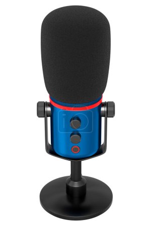 Téléchargez les photos : Rendu 3D du microphone à condensateur studio bleu isolé sur fond blanc. Concept de jeux en nuage et services de streaming de jeux - en image libre de droit