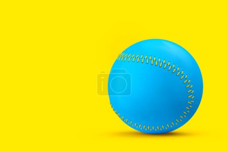 Téléchargez les photos : Blue softball or baseball ball isolated on yellow background. 3d rendering of sport accessories for team playing games - en image libre de droit