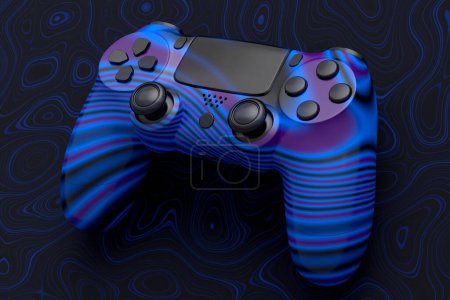 Realistic video game joystick with seamless wavy pattern on dark background. 3D render of streaming gear for cloud gaming and gamer workspace concept