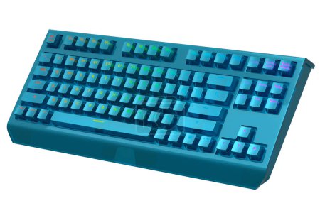 Realistic computer keyboard with blue chrome texture isolated on white background. 3D render of streaming gear for cloud gaming and gamer workspace concept