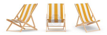 Foto de Conjunto de sillas de playa a rayas para escapadas de verano aisladas sobre fondo blanco. Representación 3D del concepto de vacaciones de verano y vacaciones - Imagen libre de derechos