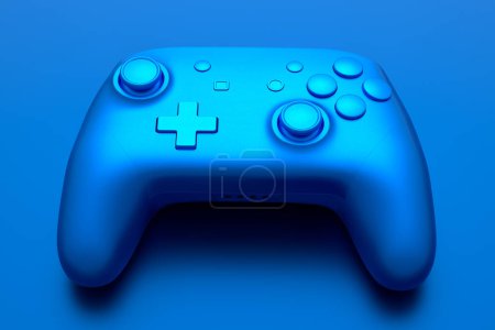 Realistic video game joystick with blue chrome texture isolated on blue background. 3D render of streaming gear for cloud gaming and gamer workspace concept