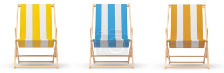 Téléchargez les photos : Ensemble de chaises de plage rayées pour des escapades estivales isolées sur fond blanc. 3D rendu de vacances d'été concept et vacances - en image libre de droit