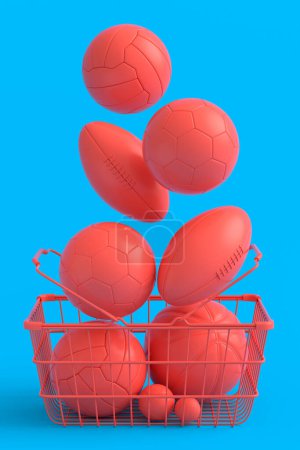Téléchargez les photos : Set of ball like basketball, american football and golf in shopping basket on monochrome background. 3d rendering of sport accessories for team playing games - en image libre de droit