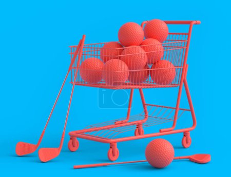 Téléchargez les photos : Set of ball like basketball, american football and golf in shopping cart on monochrome background. 3d rendering of sport accessories for team playing games - en image libre de droit