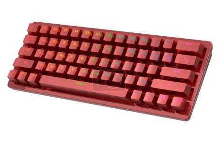 Teclado de computadora realista con textura cromada roja aislada sobre fondo blanco. Renderizado 3D de equipos de streaming para juegos en la nube y concepto de espacio de trabajo para jugadores