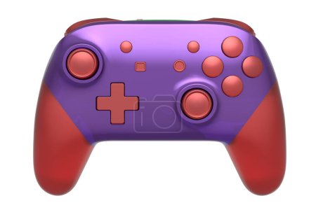 Foto de Joystick realista de videojuegos con textura cromada violeta aislada sobre fondo blanco. Renderizado 3D de equipos de streaming para juegos en la nube y concepto de espacio de trabajo para jugadores - Imagen libre de derechos