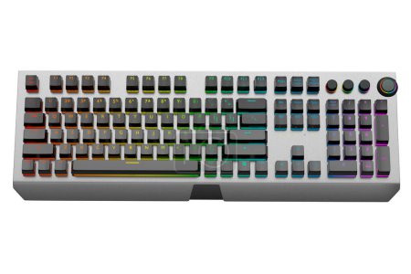 Realistische Computertastatur mit metallischer Chromstruktur isoliert auf weißem Hintergrund. 3D-Rendering von Streaming-Ausrüstung für Cloud-Gaming und Gamer-Arbeitsplatzkonzept