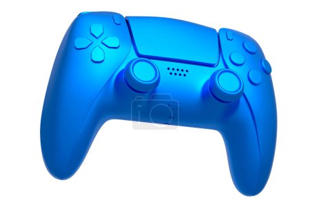 Foto de Joystick realista de videojuegos con textura cromada azul aislada sobre fondo blanco. Renderizado 3D de equipos de streaming para juegos en la nube y concepto de espacio de trabajo para jugadores - Imagen libre de derechos