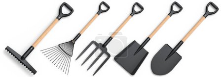 Set of garden tools and supplies for gardener and flower pots in garden on white background. 3d render concept of horticulture and farming supplies