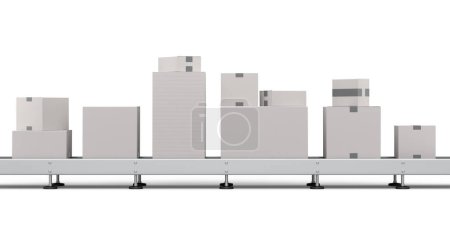 Téléchargez les photos : Airport luggage conveyor belt or manufacture line with cardboard boxes on white background. 3d render concept of express delivery to warehouse, carrying parcel and online shopping - en image libre de droit