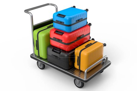 Photo for Regular polycarbonate suitcase on hotel trolley cart for carrying baggage on white background. 3d render travel concept of hotel service on vacation and luggage transportation - Royalty Free Image