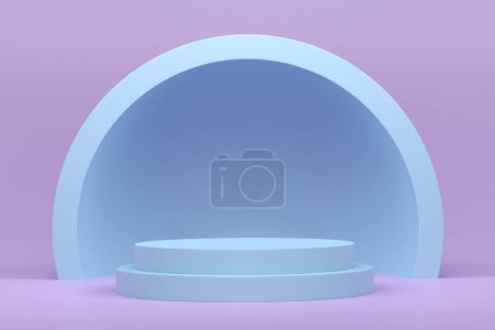 Photo for Pastel blue cylinder podium with steps on violet background. 3d render of abstract realistic geometric pedestal or platform on backdrop for product display presentation. Minimal scene. - Royalty Free Image