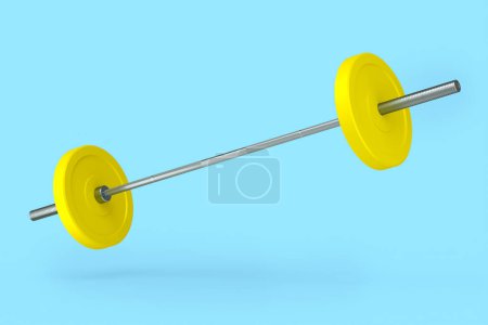 Téléchargez les photos : Barbell en métal abstrait avec disques jaunes isolés sur fond bleu. Rendement 3d des équipements sportifs pour fitness et powerlifting - en image libre de droit