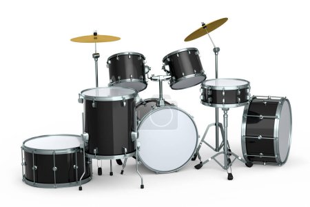 Photo for Set of realistic drums with metal cymbals on white background. 3d render concept of musical percussion instrument, drum machine and drumset - Royalty Free Image
