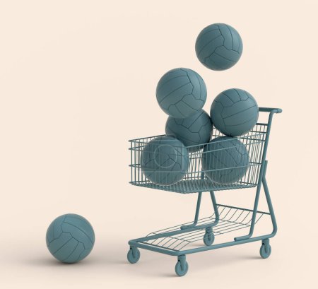 Téléchargez les photos : Set of ball like basketball, american football and golf in shopping cart on monochrome background. 3d rendering of sport accessories for team playing games - en image libre de droit
