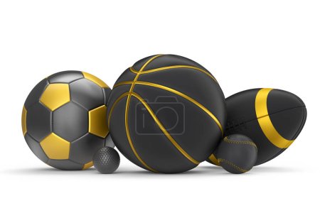 Ensemble de boules noires et dorées comme le basket, le football américain et le golf isolé sur fond blanc. 3d rendu d'accessoires de sport pour les jeux d'équipe