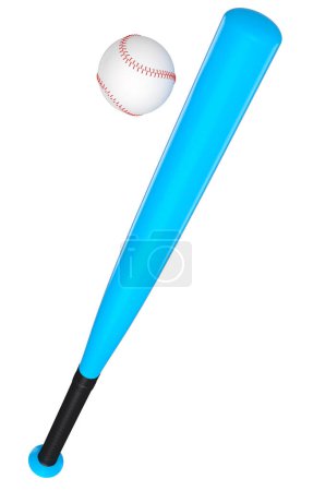 Blue rubber professional softball or baseball bat and ball isolated on white background. 3d rendering of sport accessories for team playing games