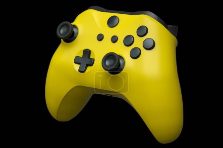Joystick amarillo realista para controlador de videojuegos sobre fondo negro. Representación 3D del equipo de streaming para juegos en la nube y el concepto de espacio de trabajo del jugador