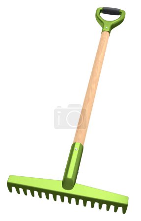 Photo for Garden rake with wooden handle for harvesting hay isolated on white background. 3d render of garden tool and equipment for farm and harvesting - Royalty Free Image